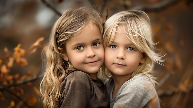 Deux petites filles blondes adorables avec de grands yeux bleus se tiennent près l'une de l'autre dehors