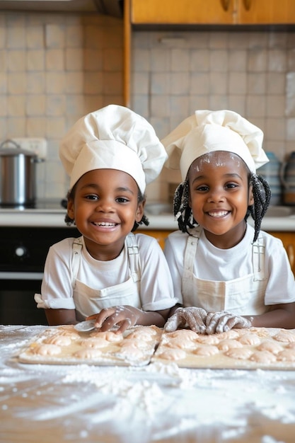 Photo deux petites filles en chapeaux de chef font de la pâte
