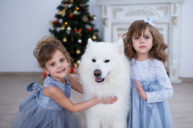 deux petites filles avec un chien avec un arbre de Noël