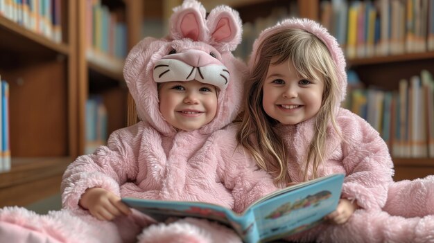 Deux petites filles en costume de lapin lisant un livre