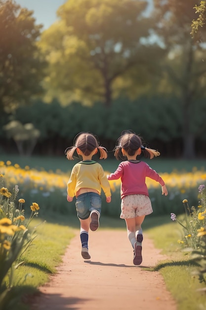 Deux petites filles courant sur un chemin se tenant la main