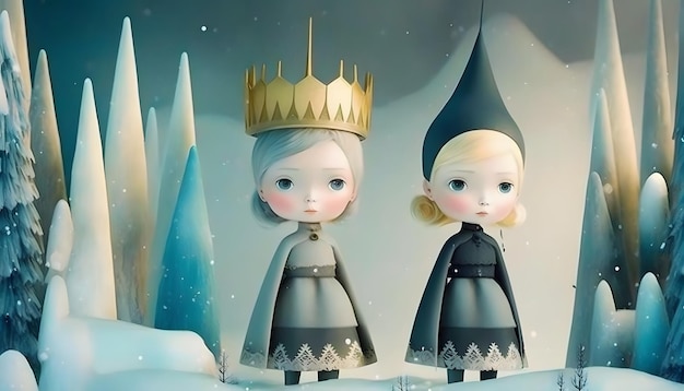 Deux petites filles avec une couronne sur la tête se tiennent dans la neige.