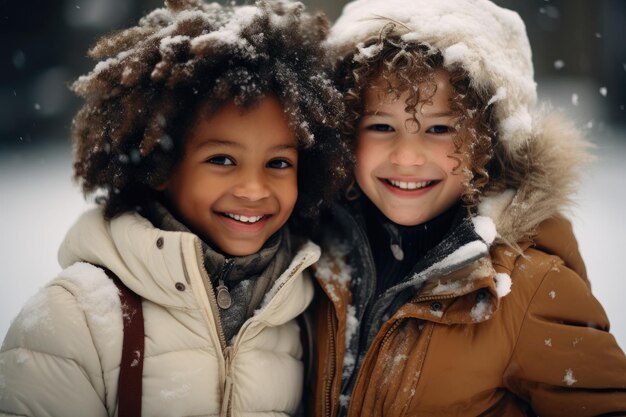 deux petites filles debout l'une à côté de l'autre dans la neige