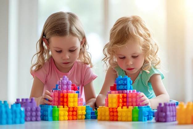 Deux petites filles jouant avec des blocs colorés