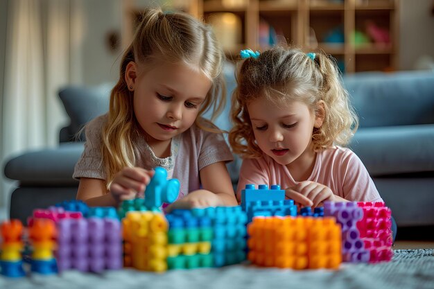 Deux petites filles jouant avec des jouets de construction dans la chambre