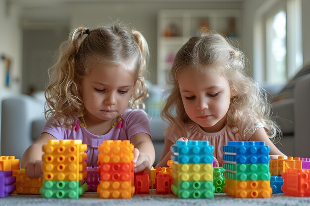 Deux petites filles jouent avec des blocs de construction colorés dans un salon