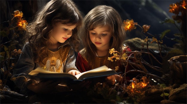 Deux petites filles lisant un livre de contes de fées dans la forêt d'automne