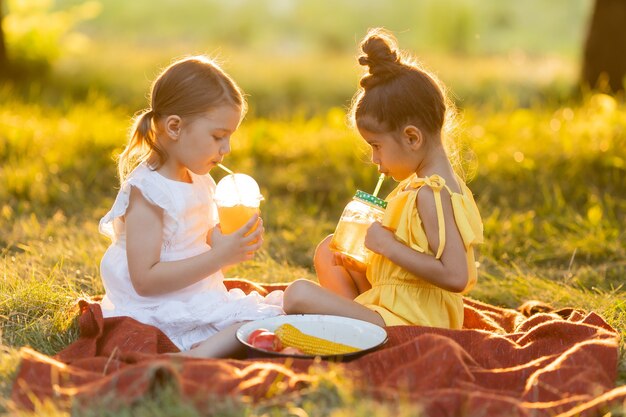 Deux petites filles métisses boivent des smoothies dans le jardin à l'extérieur Collation saine pour les enfants