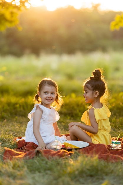 Deux petites filles métisses jouent à la conversation et partagent des secrets dans le parc à l'extérieur, assises sur une couverture