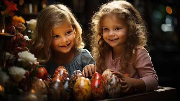deux petites filles regardant un panier d'œufs de Pâques