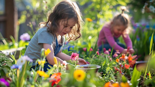 Deux petites filles sont au jardin dans un jardin de fleurs elles sont toutes les deux agenouillées et regardent les fleurs