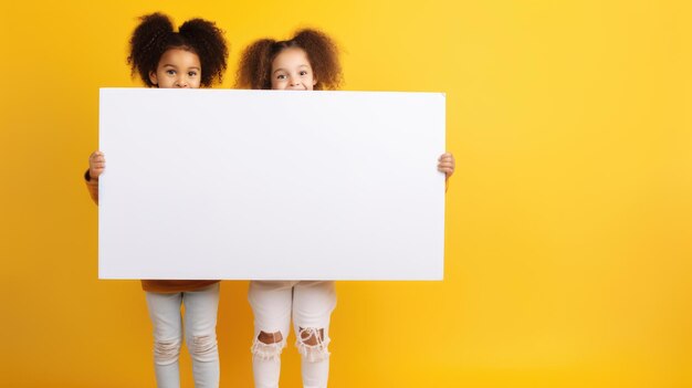 Deux petites filles tenant un panneau d'affichage blanc en papier avec fond sur fond jauneCréé avec la technologie Generative AI