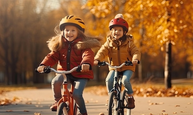 Photo deux petites filles à vélo dans le parc.