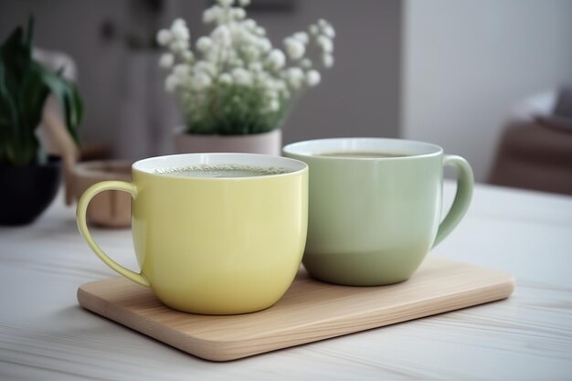 Deux petites tasses de couleur pastel sur la table Generative AI