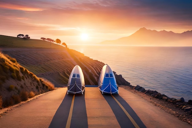 Deux petits bateaux sur la route avec un coucher de soleil en arrière-plan