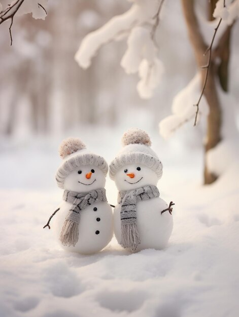 Photo deux petits bonhommes de neige dans la neige