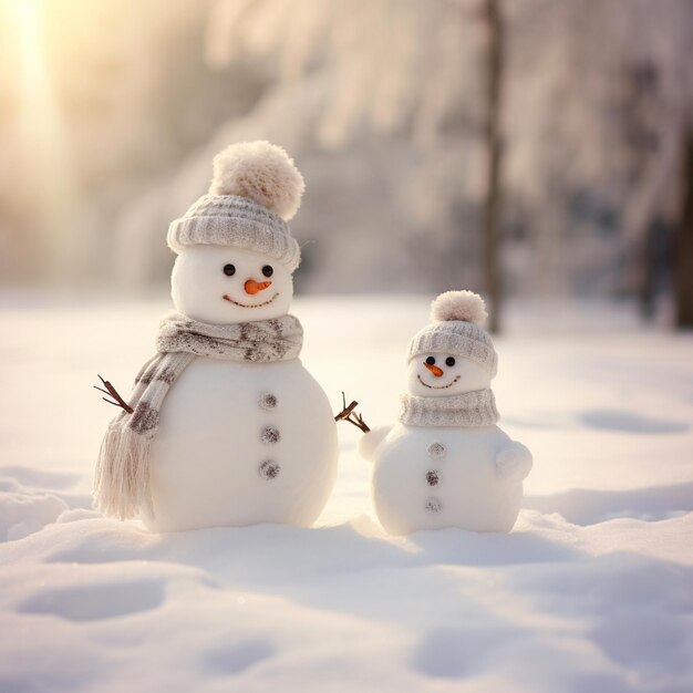 Photo deux petits bonhommes de neige dans la neige