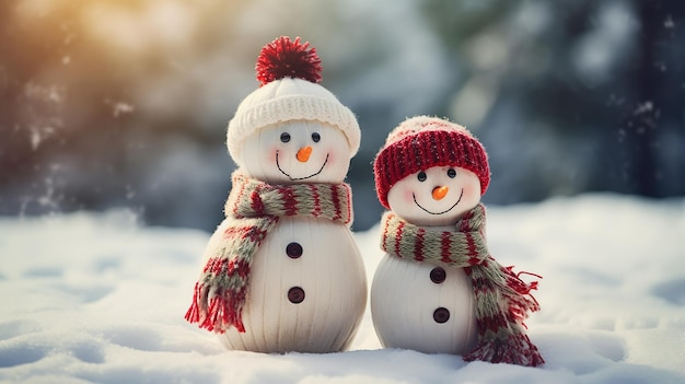 Photo deux petits bonhommes de neige, la fille et le garçon en bonnet tricoté et écharpes sur la neige en hiver