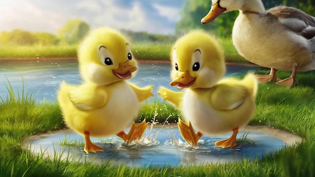 Deux petits canards jaunes sur l'herbe verte