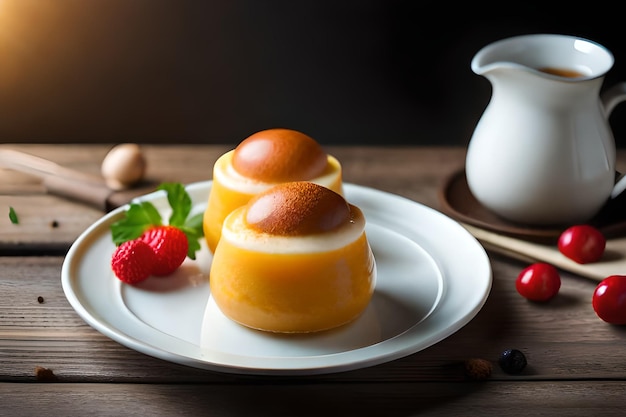 Deux petits desserts sur une assiette avec une tasse de thé sur la table.