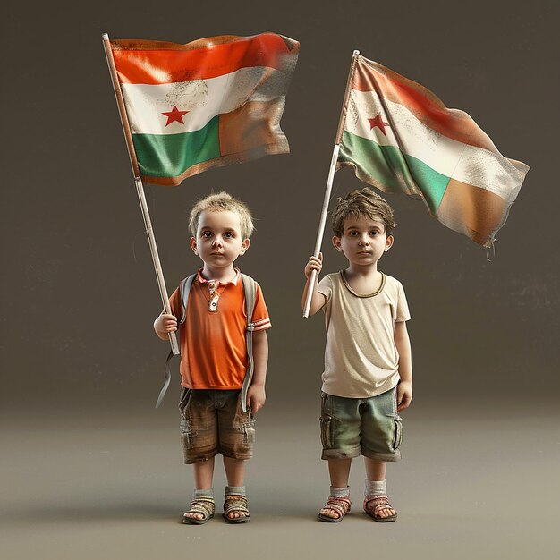 deux petits enfants tenant des drapeaux avec l'un portant une chemise orange et l'autre avec l'autre weari