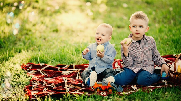 Deux petits frères assis et mange des pommes dans le parc.