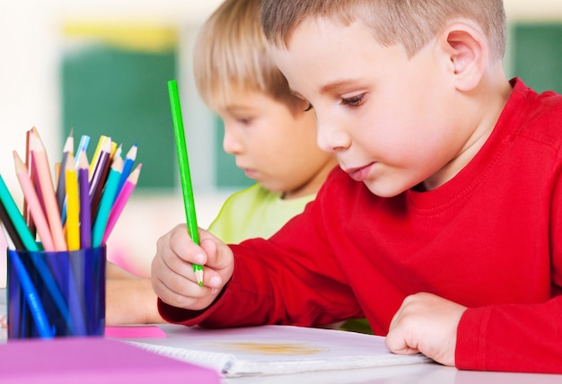 Deux petits garçons étudient le sujet sur fond