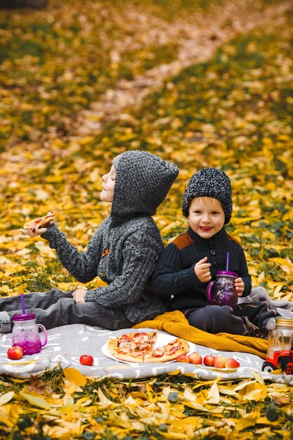 Deux petits garçons frères siège sur plaid dans le parc et boire manger des pommes rouges de pizza maison