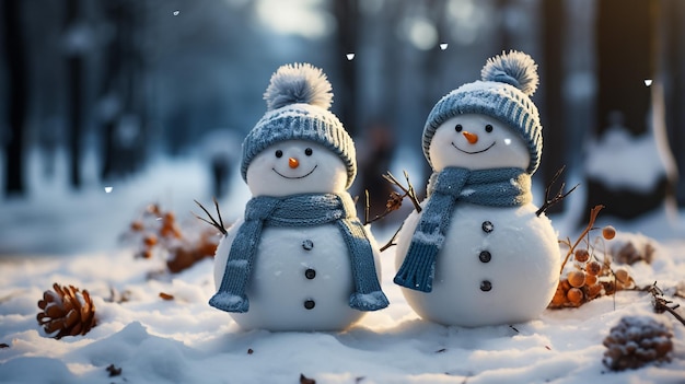Deux petits jouets amusants bébé bonhomme de neige dans des chapeaux et des écharpes tricotés dans la neige profonde à l'extérieur sur un bleu vif
