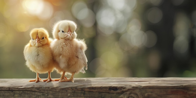 Deux petits poulets amis dans une ferme de volailles traditionnelle