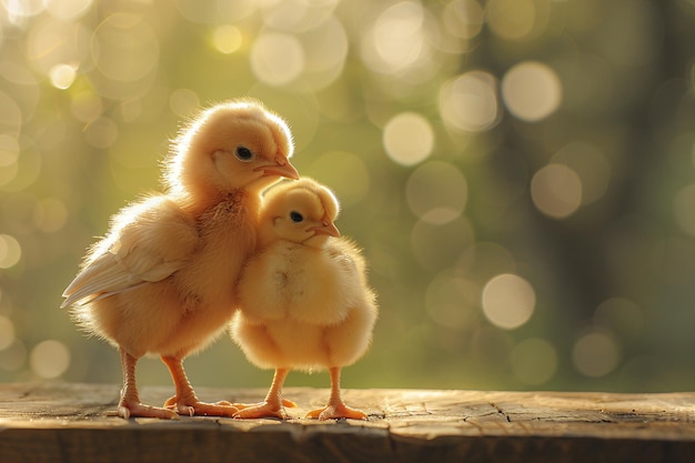 Deux petits poulets amis dans une ferme de volailles traditionnelle