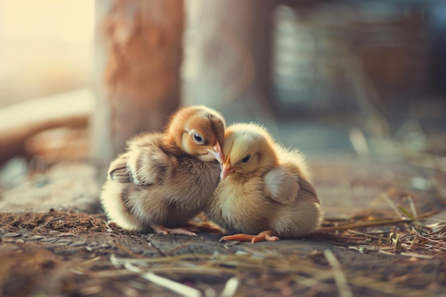 Deux petits poulets amis dans une ferme de volailles traditionnelle