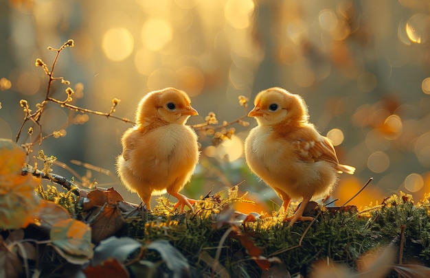 Deux petits poulets sont assis sur la mousse dans le jardin à la lumière du soleil à l'automne