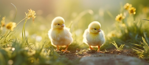 deux petits poussins sur une branche avec de l'herbe à l'arrière