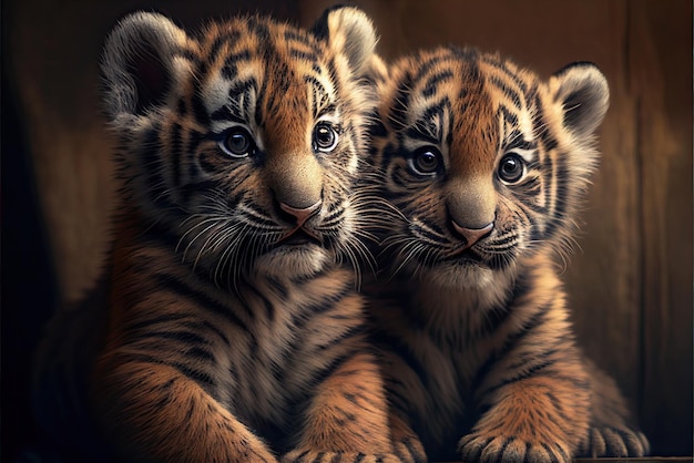 Deux petits tigres cubs Generative Ai art Wildlife concept