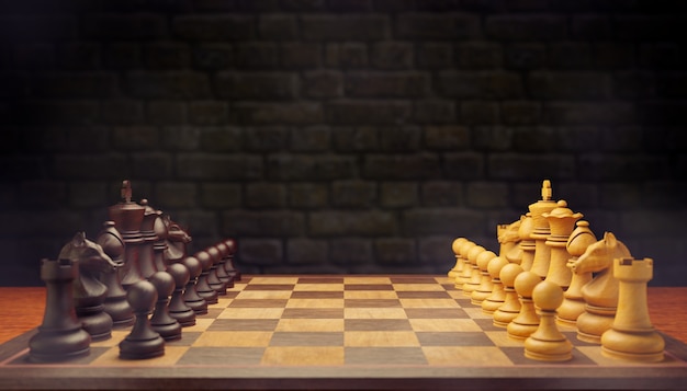 Deux pièces d'échecs se font face dans la brume sur un échiquier sur un fond de mur de briques. Le concept de combat en utilisant des stratégies commerciales. Copiez l'espace sur le dessus. Rendu d'illustrations 3D.