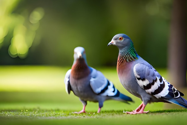 Deux pigeons sont debout sur une herbe verte.