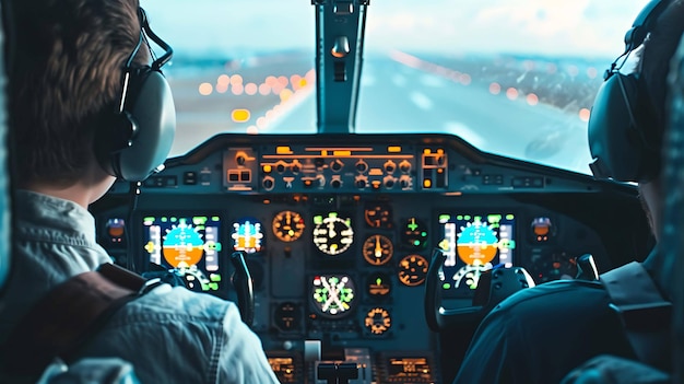 Deux pilotes sont dans le cockpit d'un avion. Ils portent des casques et regardent le panneau d'instruments.