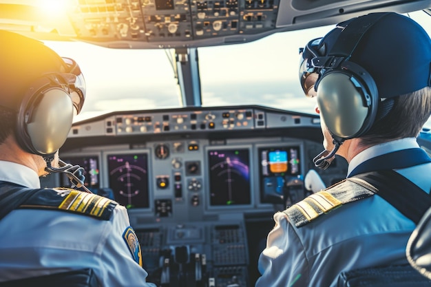 Deux pilotes volant dans le cockpit d'un aéronef contrôlent des compagnies aériennes de voyage, des avions, des avions de transport, des vols.