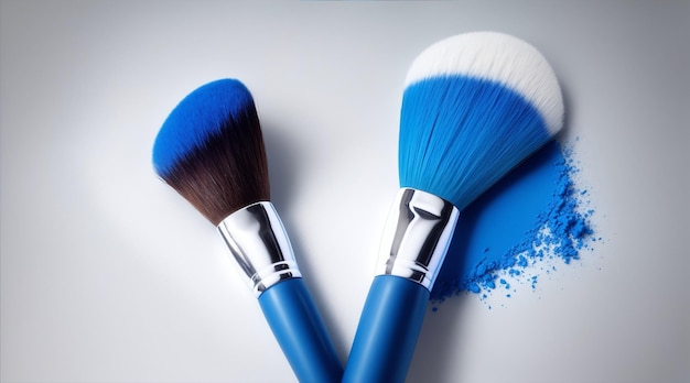 Deux pinceaux de maquillage avec de la poudre bleue et dans le style de l'IA générative blanche et brune