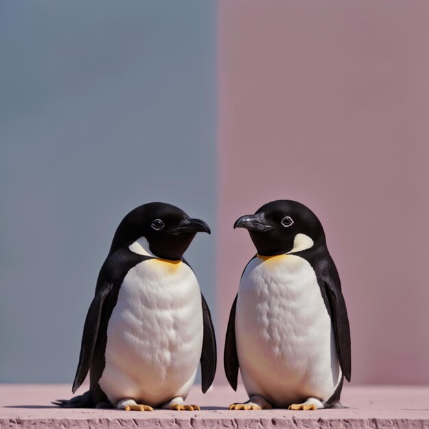 Photo deux pingouins amoureux sur un fond bleu et rose