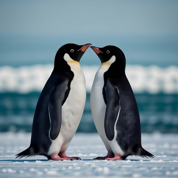 Photo deux pingouins amoureux sur un fond de neige