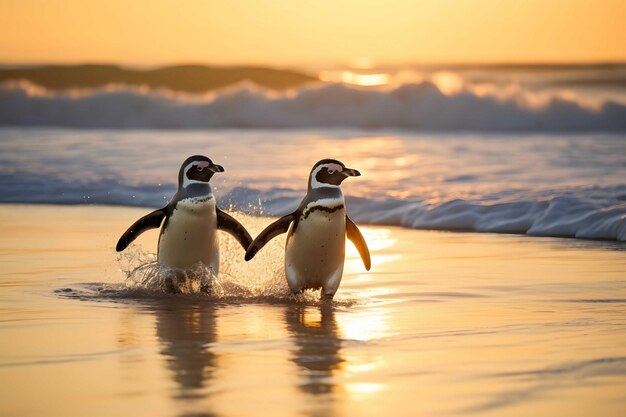 Photo deux pingouins débarquent de l'océan atlantique dans la mer bleue générée par l'ia.