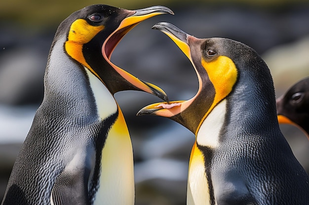 deux pingouins avec leur bouche ouverte l'un a la bouche ouverte