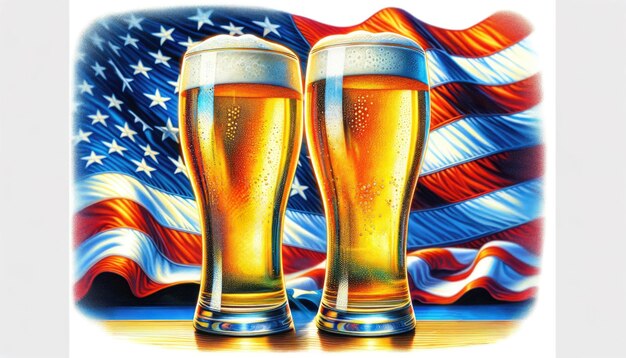 Deux pintes de bière sur un fond de drapeau américain stylisé