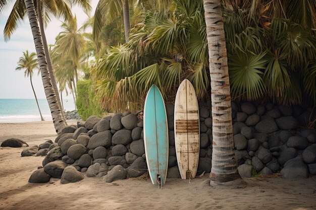 Deux planches de surf sont appuyées contre un palmier sur une plage.