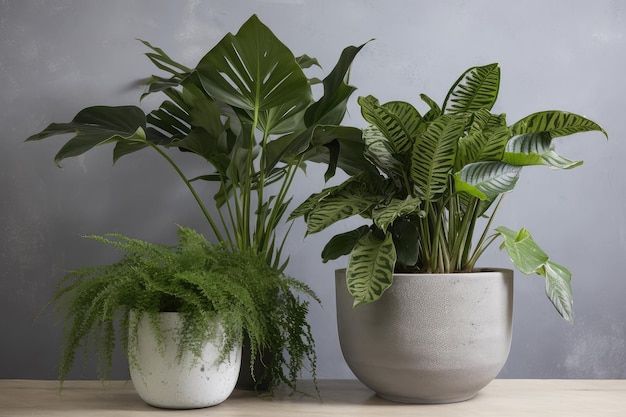 Deux plantes d'intérieur au feuillage varié dans des pots en béton assortis