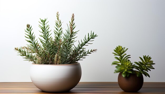 deux plantes en pot sont assises sur une étagère en bois dont l'une a une plante dedans