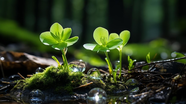 deux plantes vertes poussant hors du sol dans une forêt