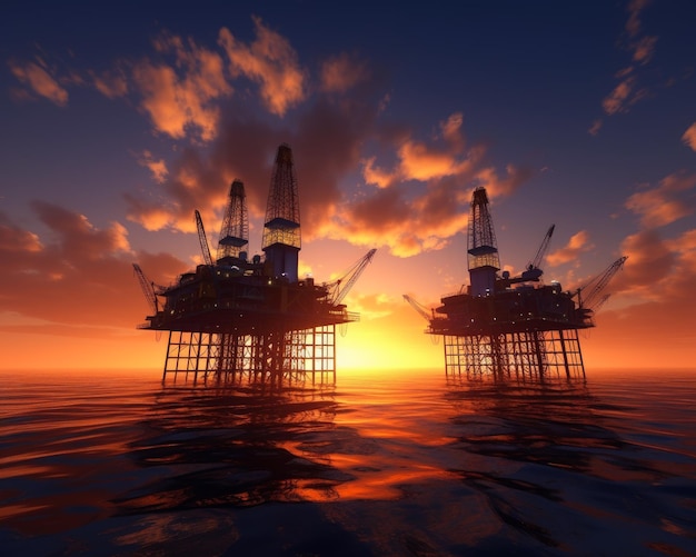 Photo deux plates-formes pétrolières construites dans la mer ciel incroyable avec de beaux nuages en toile de fond au coucher du soleil low angle view generative ai